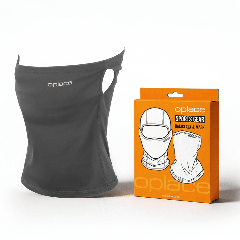 Gray OPlace ear-slot motorcycle neck gaiter beside orange retail packaging