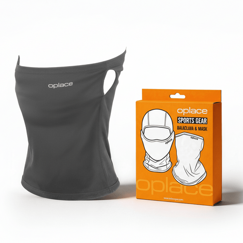 Gray OPlace ear-slot motorcycle neck gaiter beside orange retail packaging
