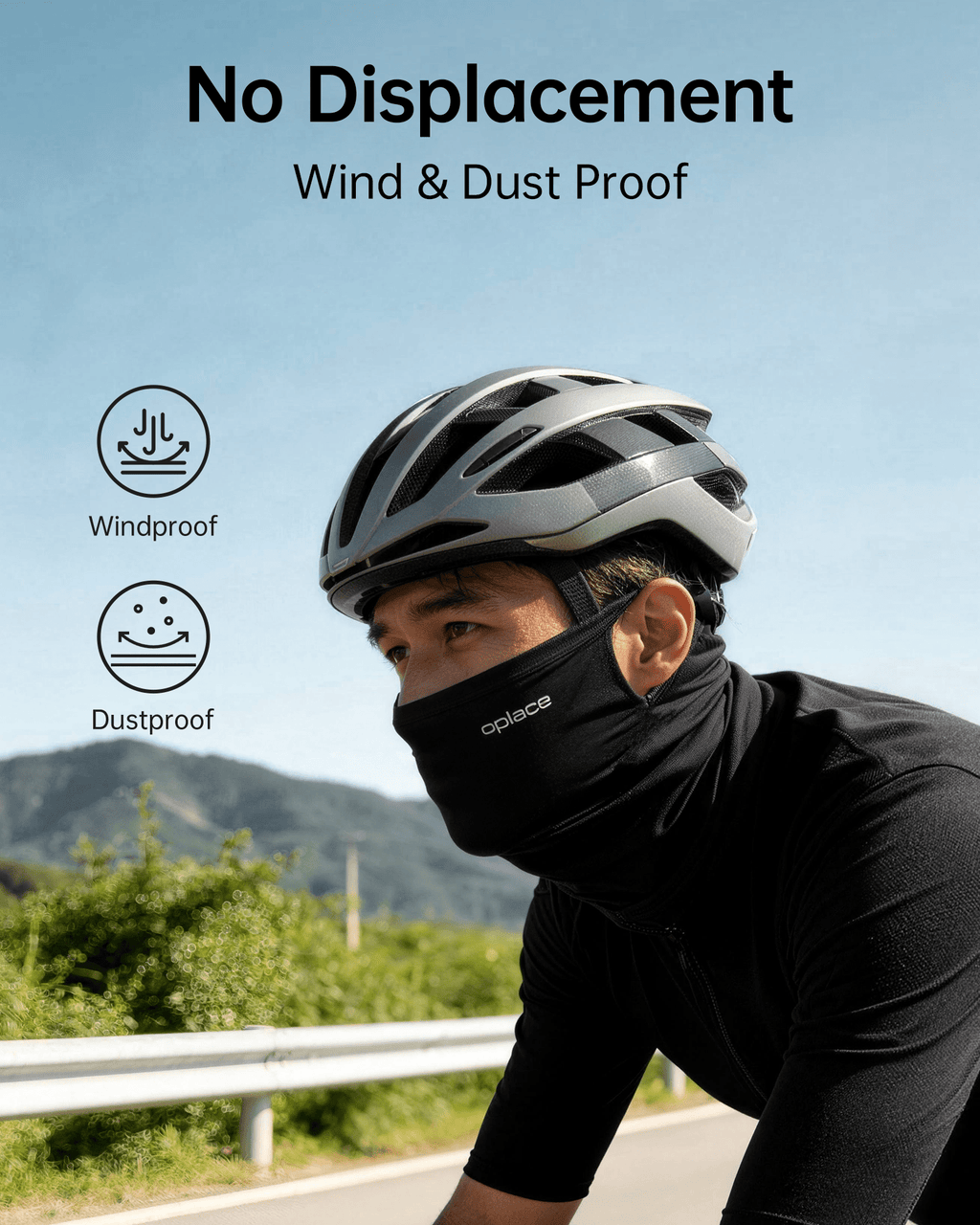 Cyclist wearing a black ear-slot gaiter outdoors in wind and dust infographic