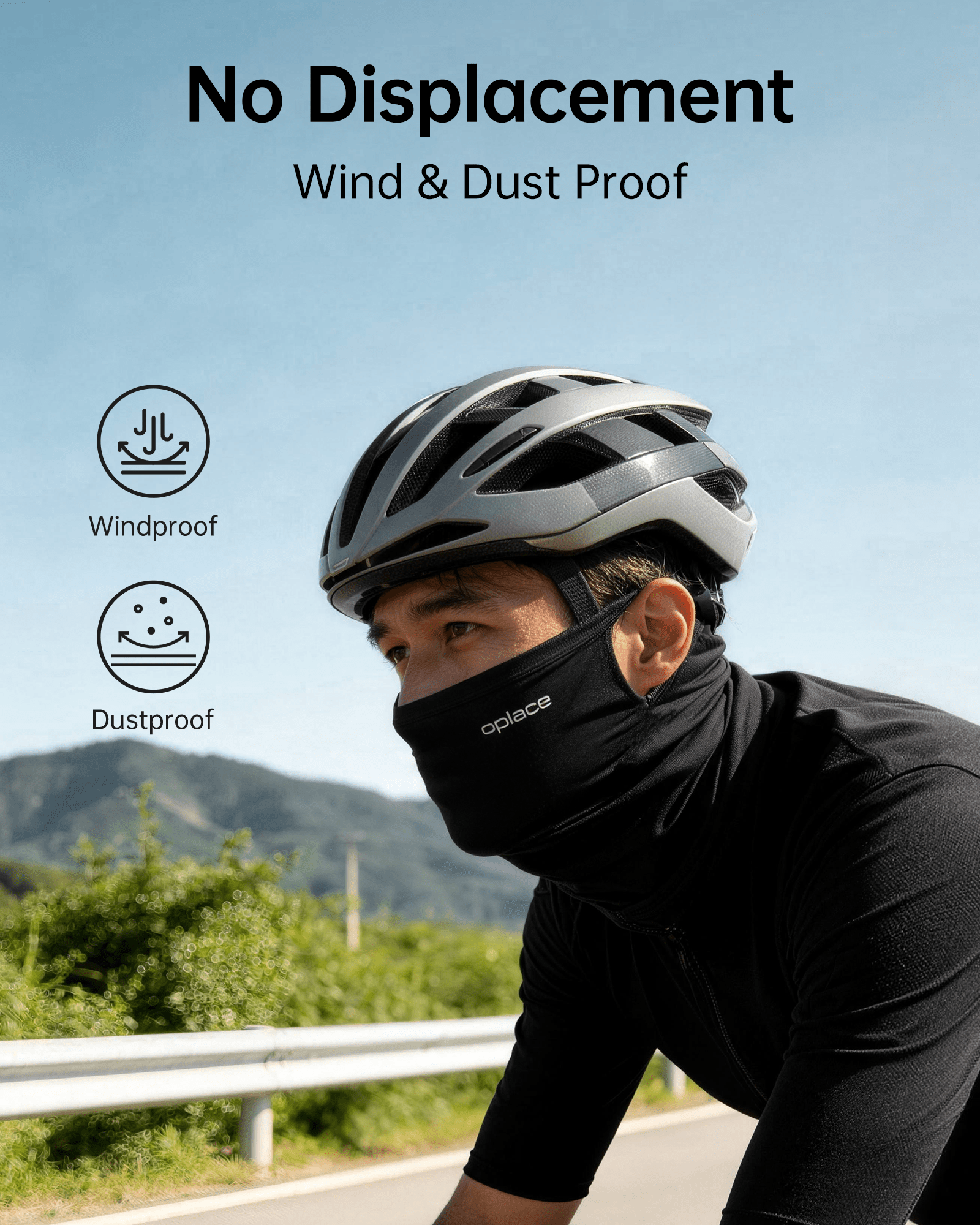Cyclist wearing a black ear-slot gaiter outdoors in wind and dust infographic