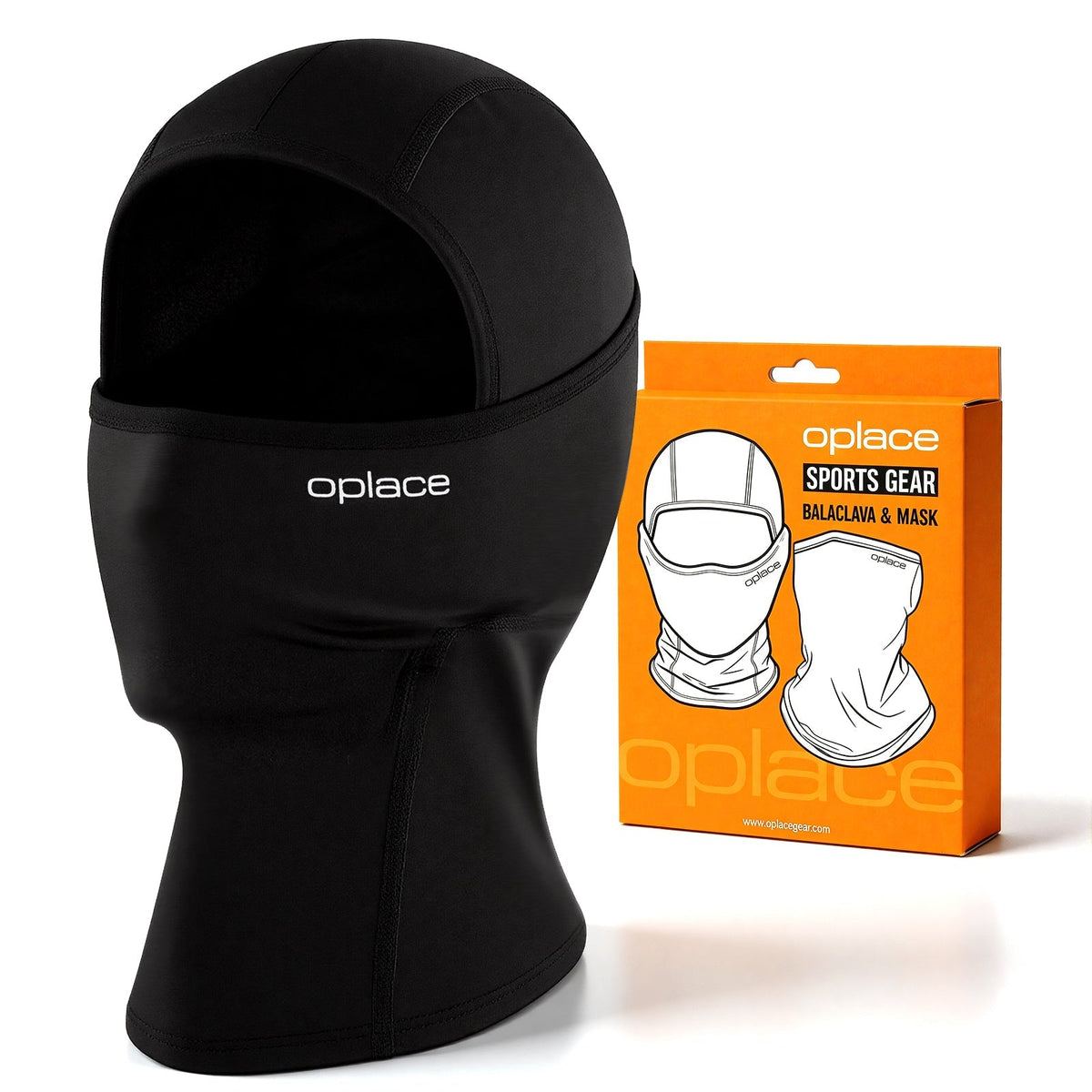 Black OPlace motorcycle balaclava beside orange retail packaging